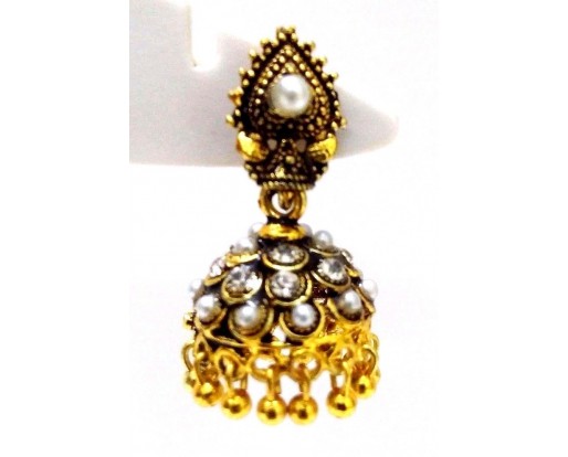 Golden Oxidized Earring Jhumka - Push Back - Dangle Drop Long Chandelier - White